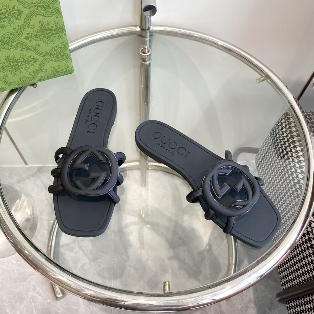 Gucci Black Leather GG Logo Slide Sandals